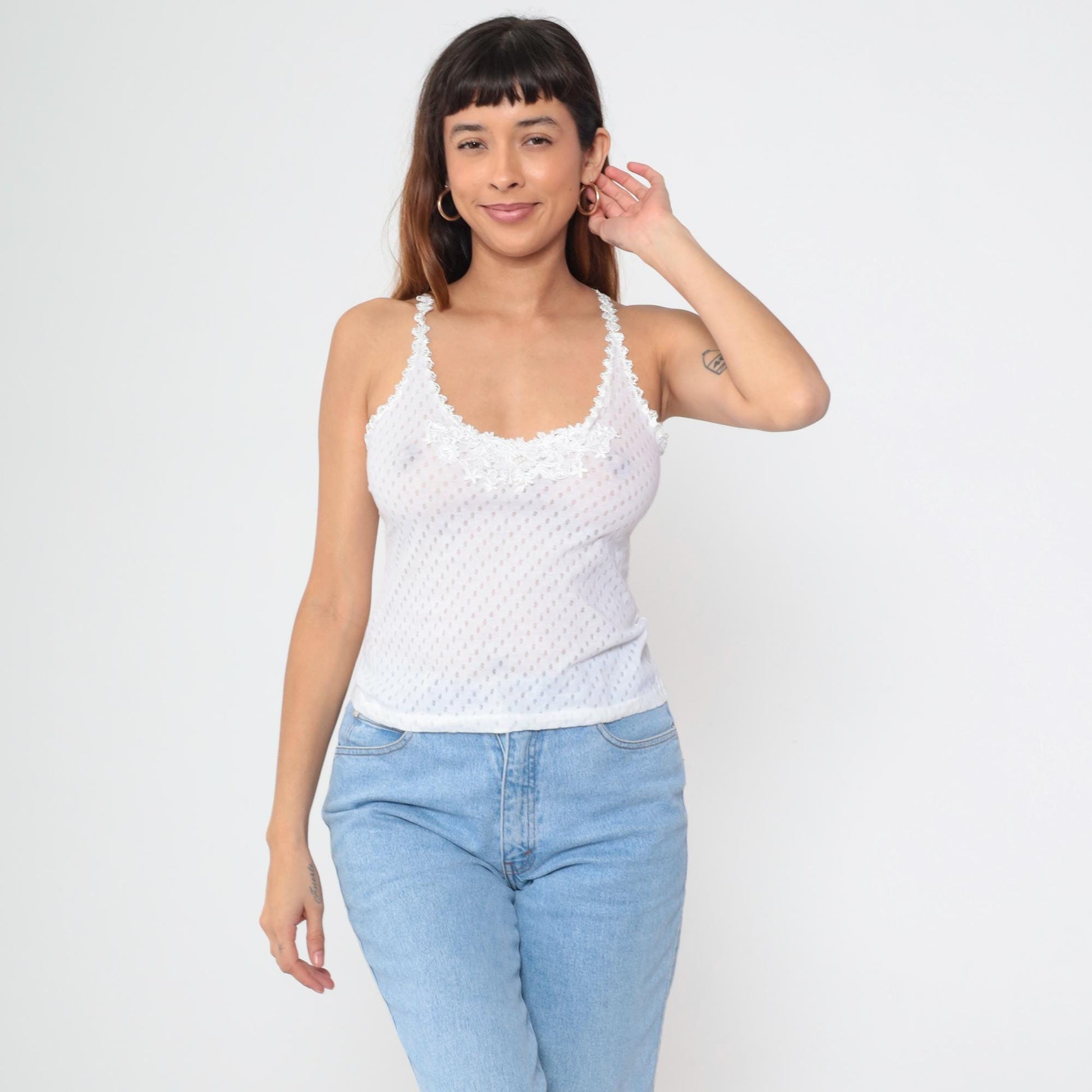 90s Karessah White Eyelet Camisole Lace Trim Spaghetti Straps Medium M