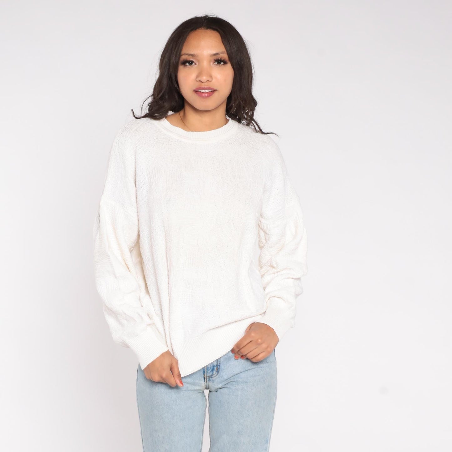 80s Neiman Marcus Cable Knit Sweater Cream Cotton Crew Neck Large L
