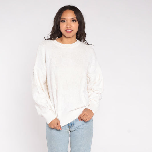 80s Neiman Marcus Cable Knit Sweater Cream Cotton Crew Neck Large L