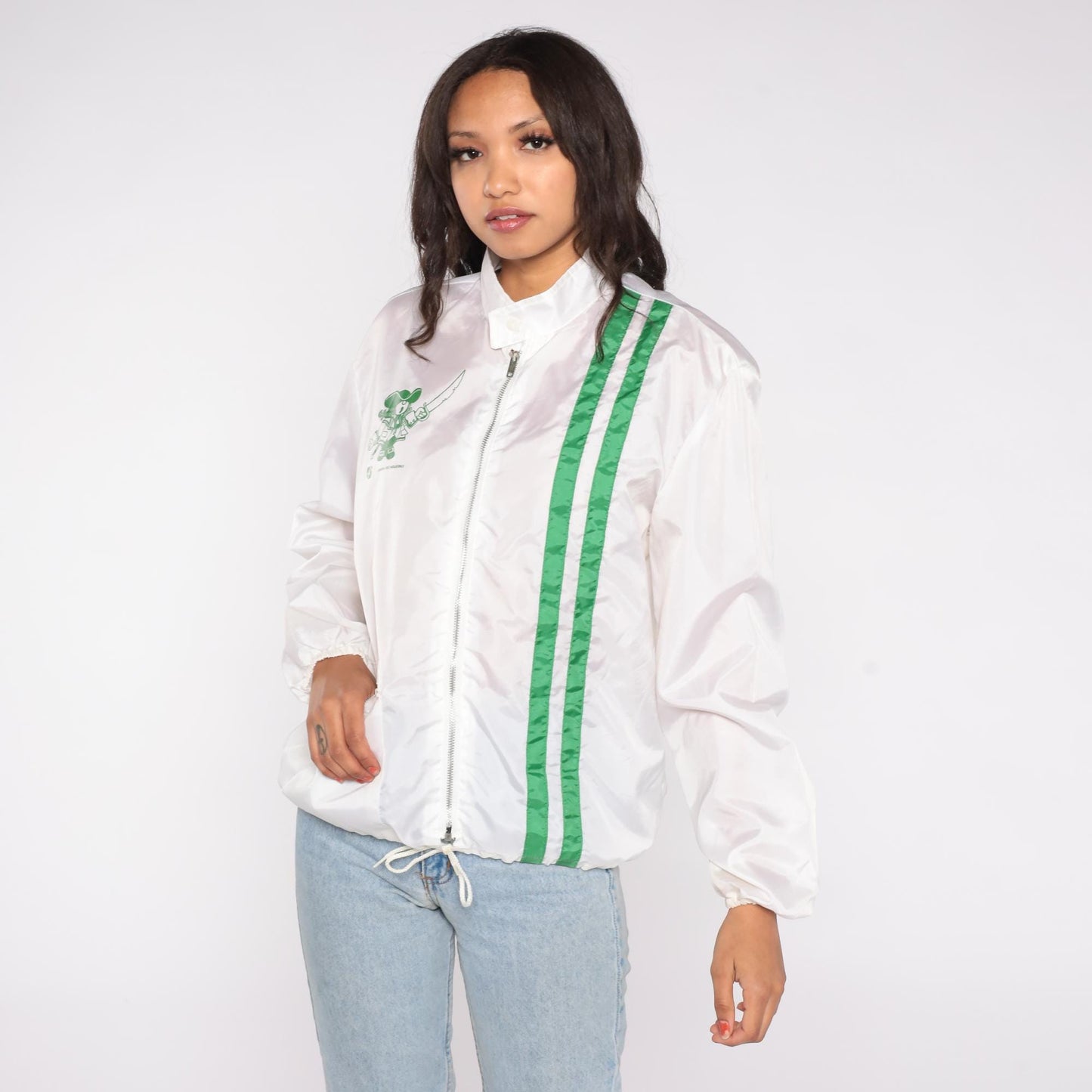 80s General Felt Industries Windbreaker Jacket White Green Stripe Pirate Logo Medium