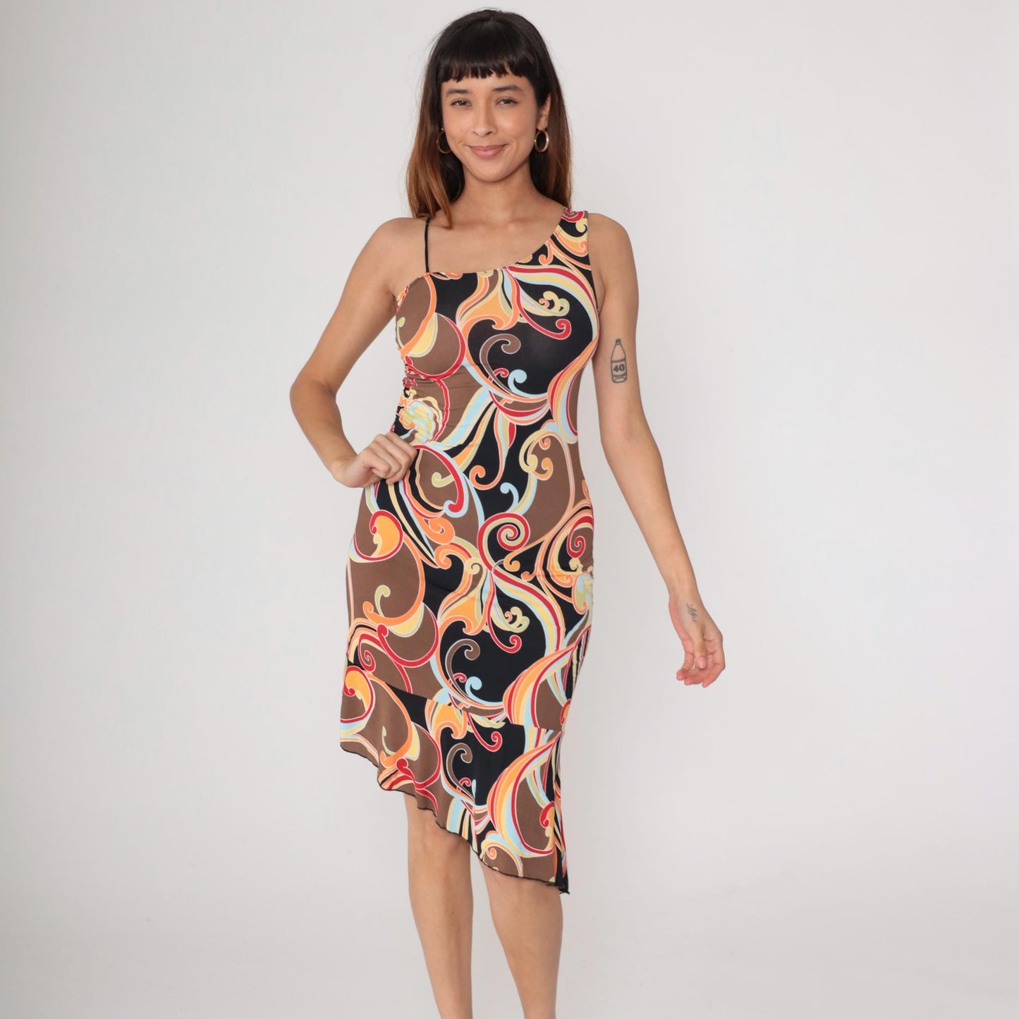 Y2K California Grown Asymmetrical Dress Swirl Print One-Shoulder Small S