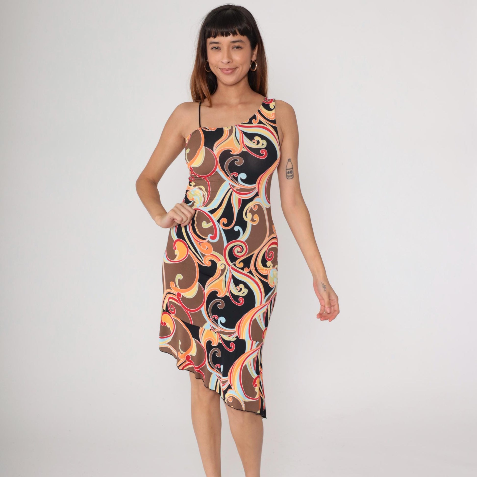 Y2K California Grown Asymmetrical Dress Swirl Print One-Shoulder Small S