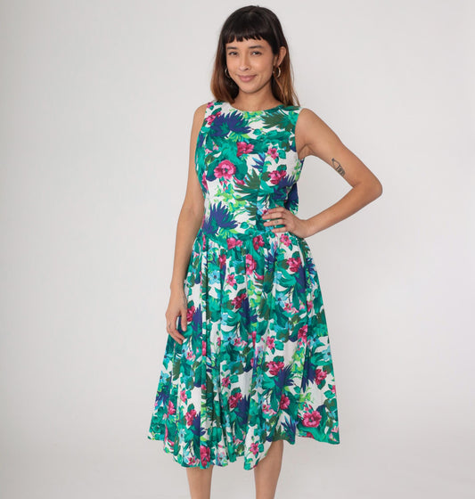 80s All That Jazz Tropical Floral Midi Dress Green Pink Open Back Small