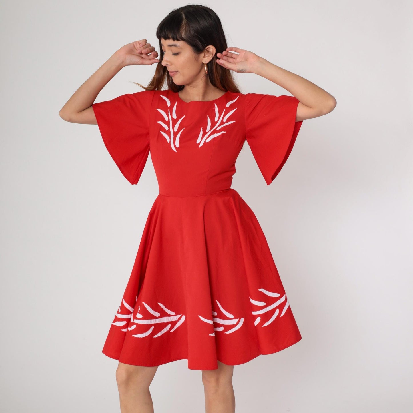 60s Red Mini Dress White Embroidery Flutter Sleeve Fit Flare Cotton Small