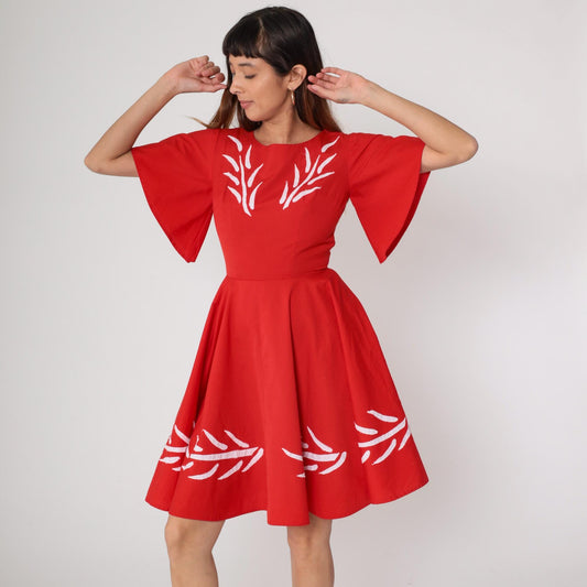 60s Red Mini Dress White Embroidery Flutter Sleeve Fit Flare Cotton Small