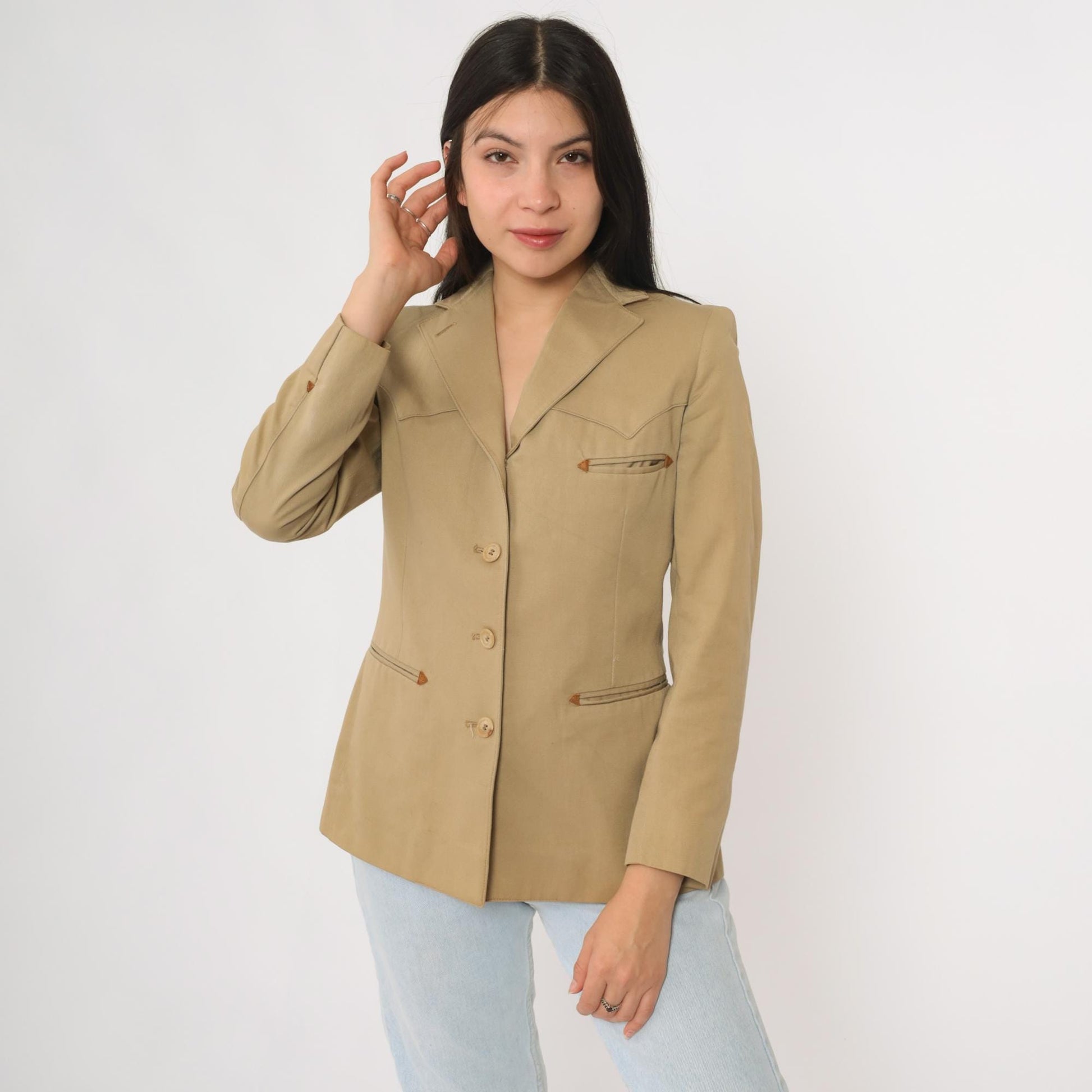 70s Ralph Lauren Western Wear Blazer Tan Cotton Equestrian Jacket Extra Small XS