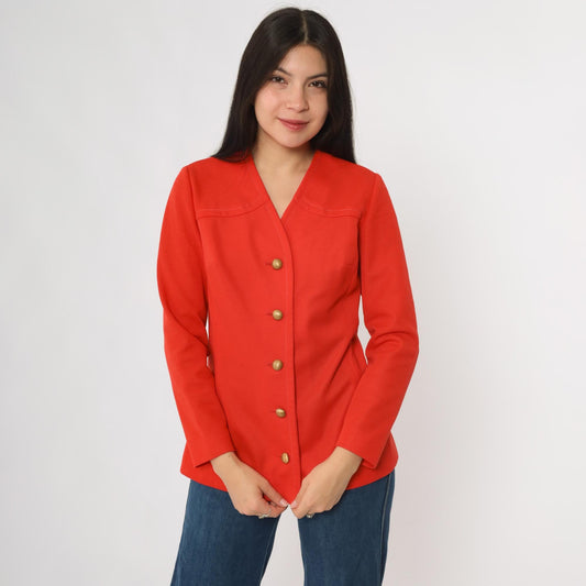 70s Red Tailored Blazer Gold Buttons V Neck Structured Jacket Small