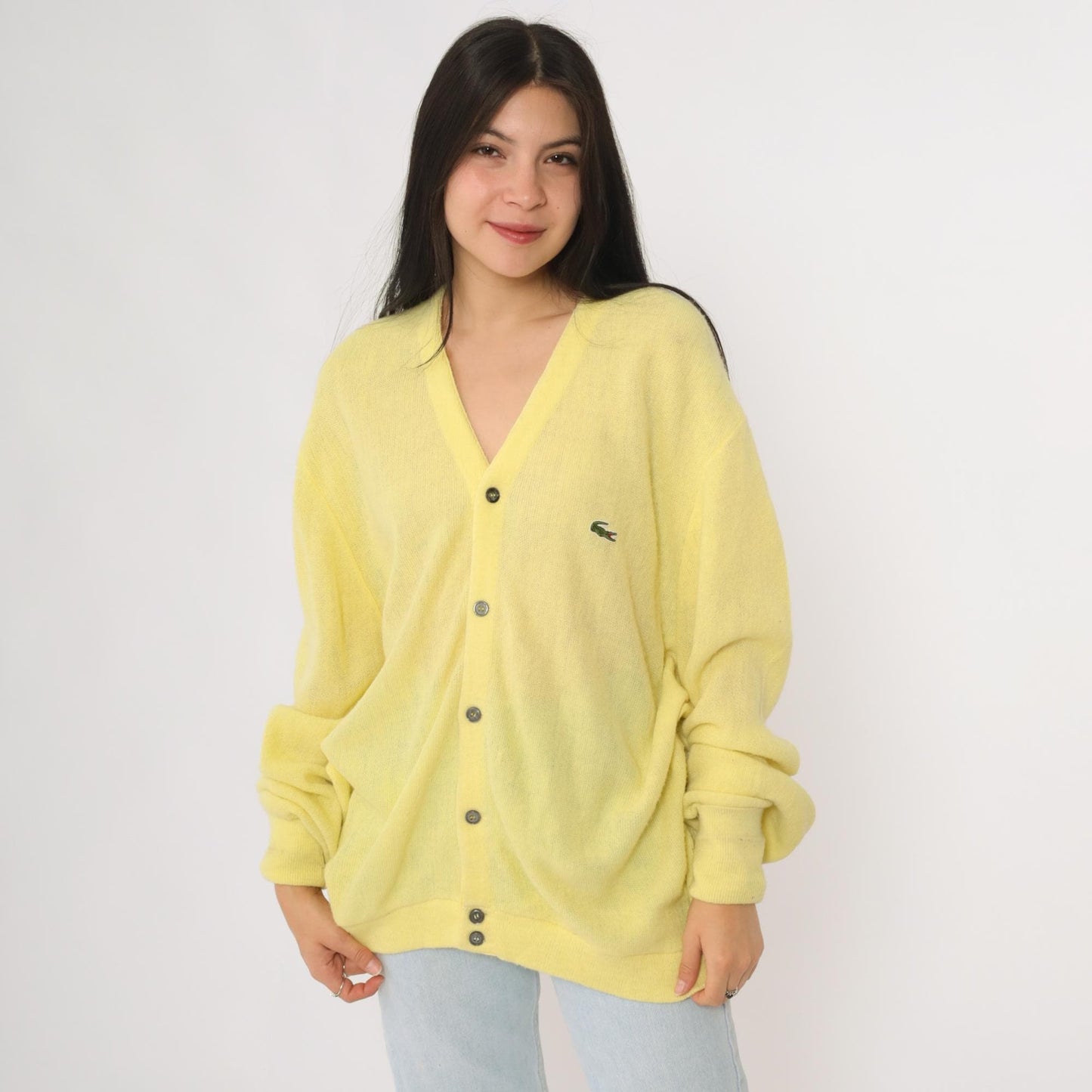 70s Lacoste Yellow Cardigan Crocodile Logo Button Front Extra Large XL