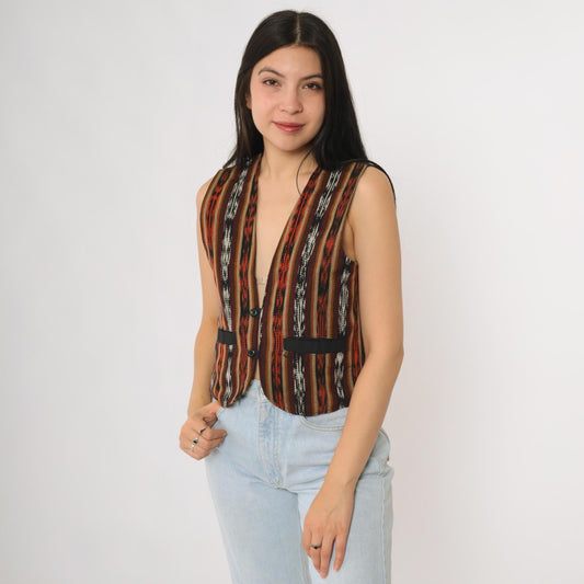 90s Southwestern Cotton Vest Striped Geometric Button Front Small S
