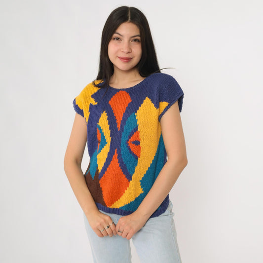 80s Jeanne Pierre Abstract Geometric Knit Vest Cap Sleeve Colorblock Medium