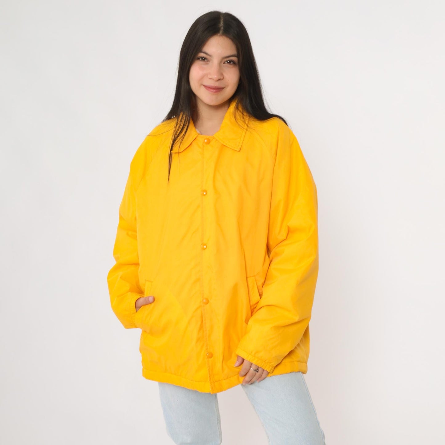 80s David Peyser Yellow Nylon Windbreaker Faux Fur Lined Coach Jacket Large