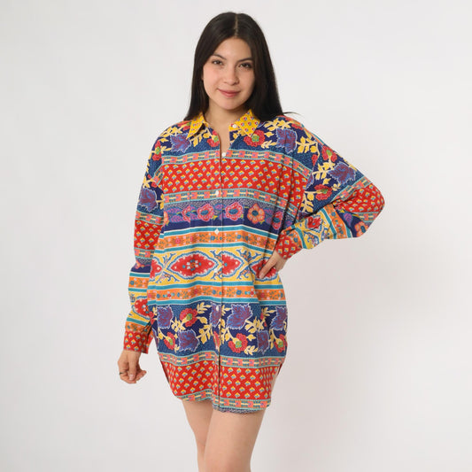 90s Adrienne Vittadini Patchwork Floral Cotton Shirt Small S
