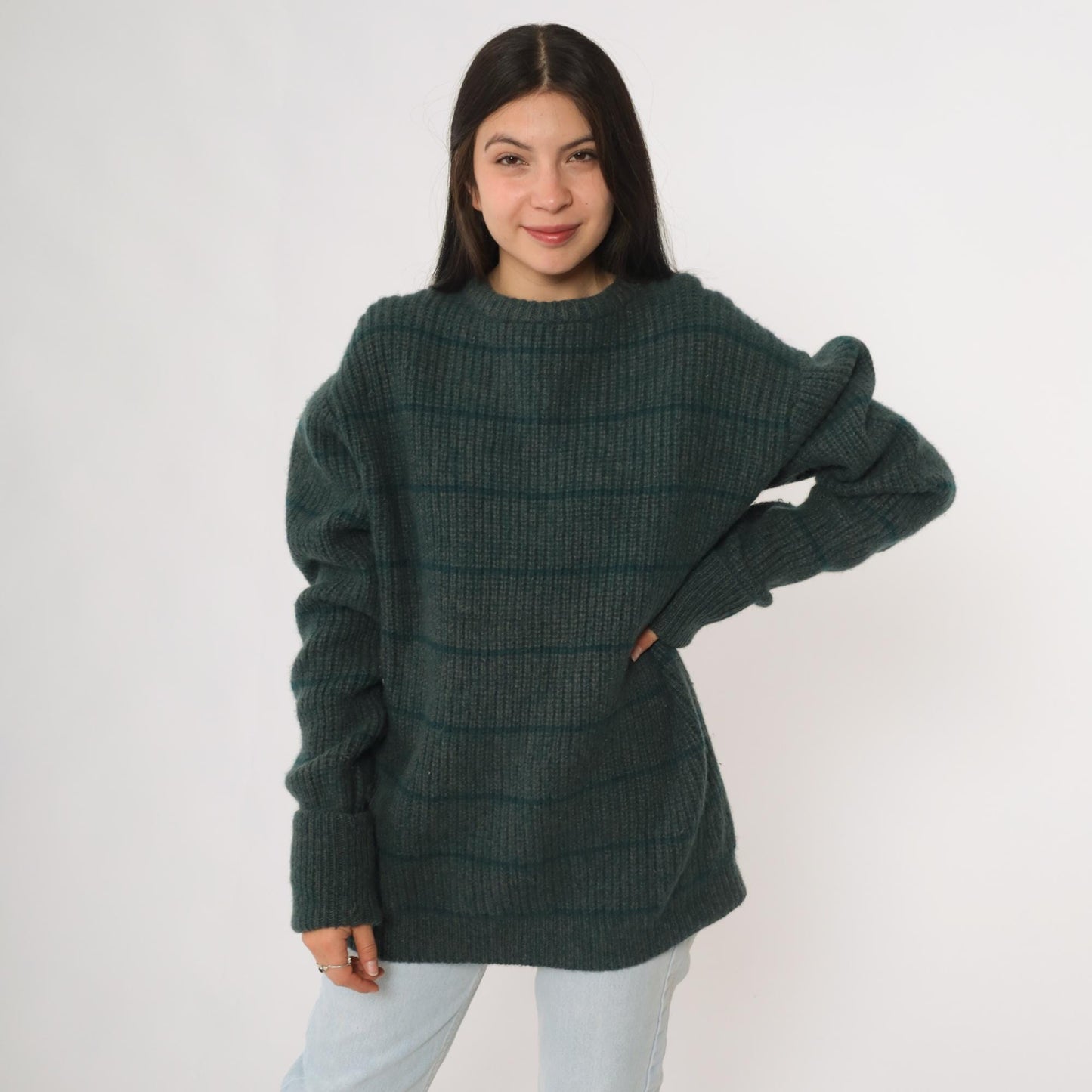 80s Fieldgear Wool Sweater Dark Teal Horizontal Stripe Ribbed Knit Extra Large XL