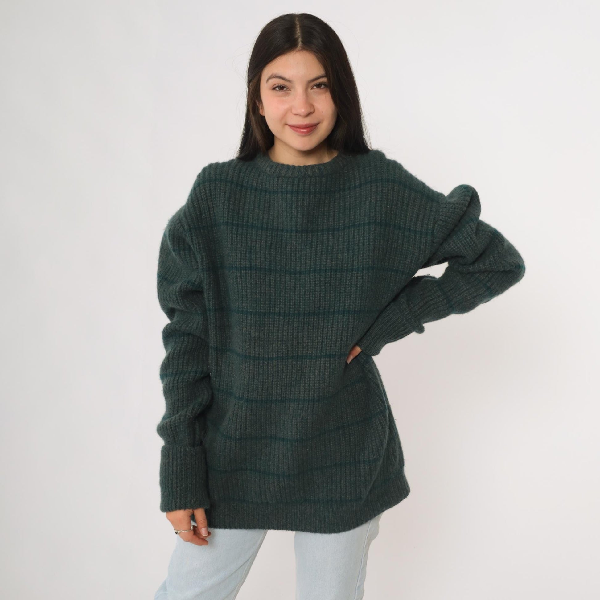 80s Fieldgear Wool Sweater Dark Teal Horizontal Stripe Ribbed Knit Extra Large XL