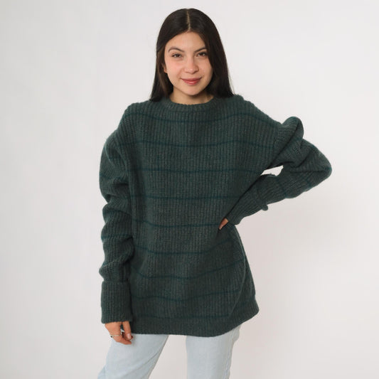 80s Fieldgear Wool Sweater Dark Teal Horizontal Stripe Ribbed Knit Extra Large XL
