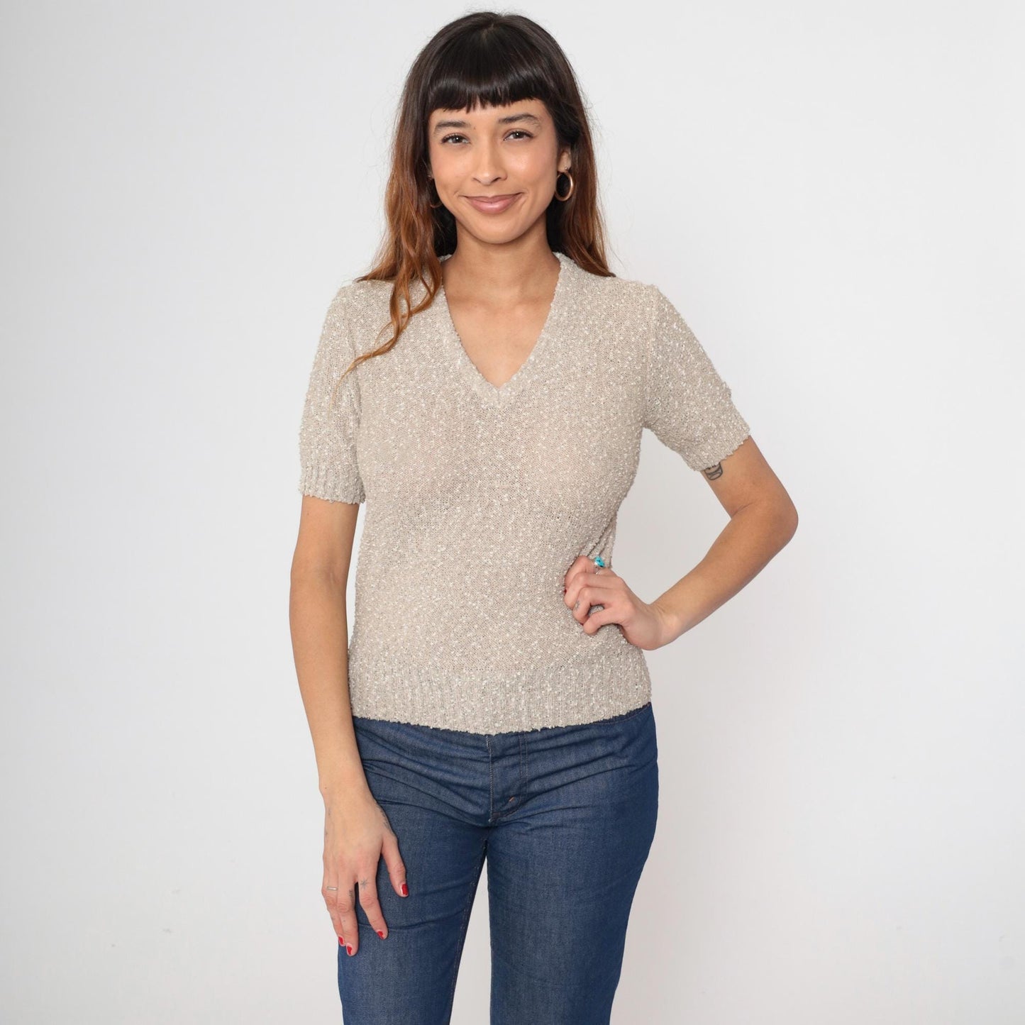70s Beige Boucle Knit Top V-Neck Puff Sleeve Textured Fitted Small