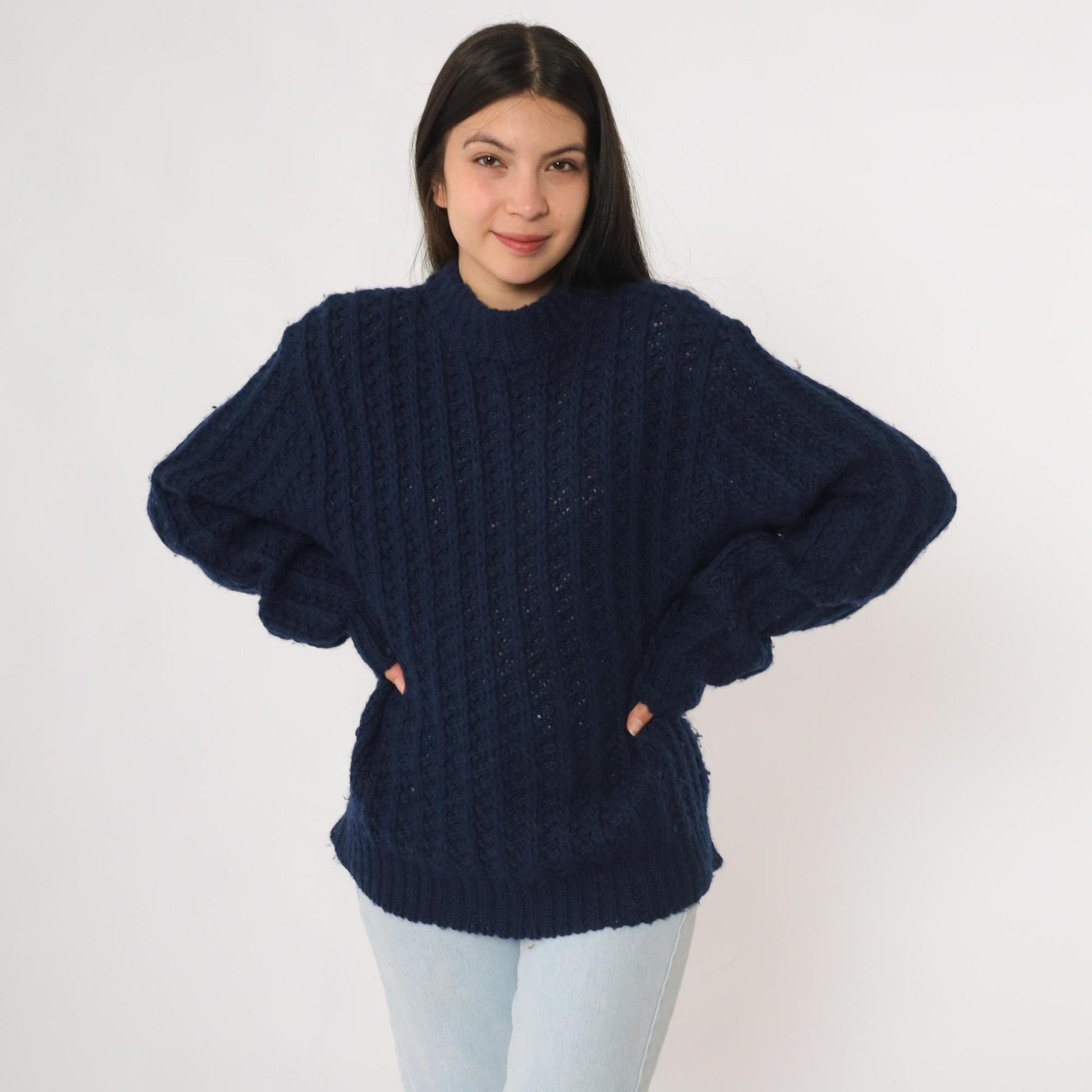 80s Robert Bruce Navy Wool Chunky Knit Crewneck Pullover Medium M
