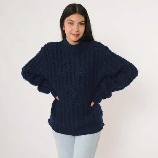 80s Robert Bruce Navy Wool Chunky Knit Crewneck Pullover Medium M