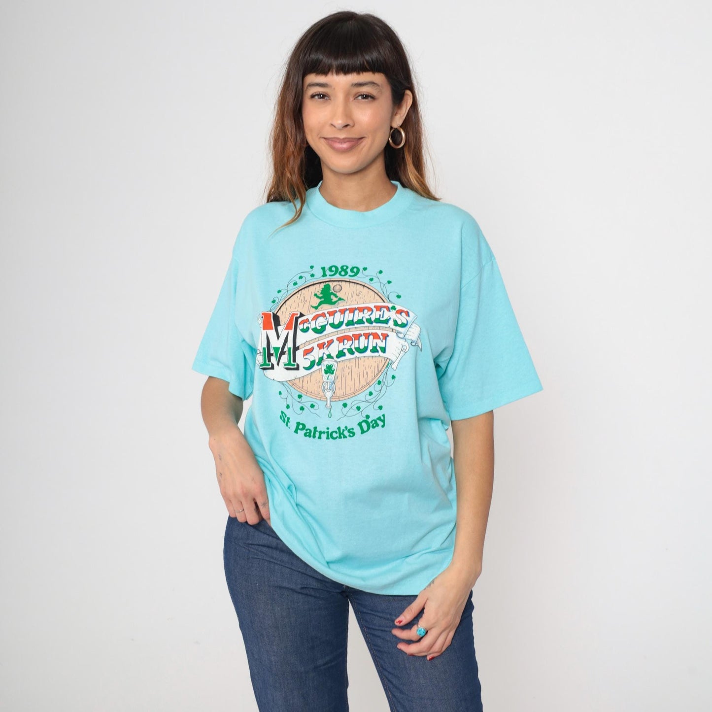 80s McGuire's 5K Run St Patrick's Day Graphic Tee Aqua Blue Extra Large XL