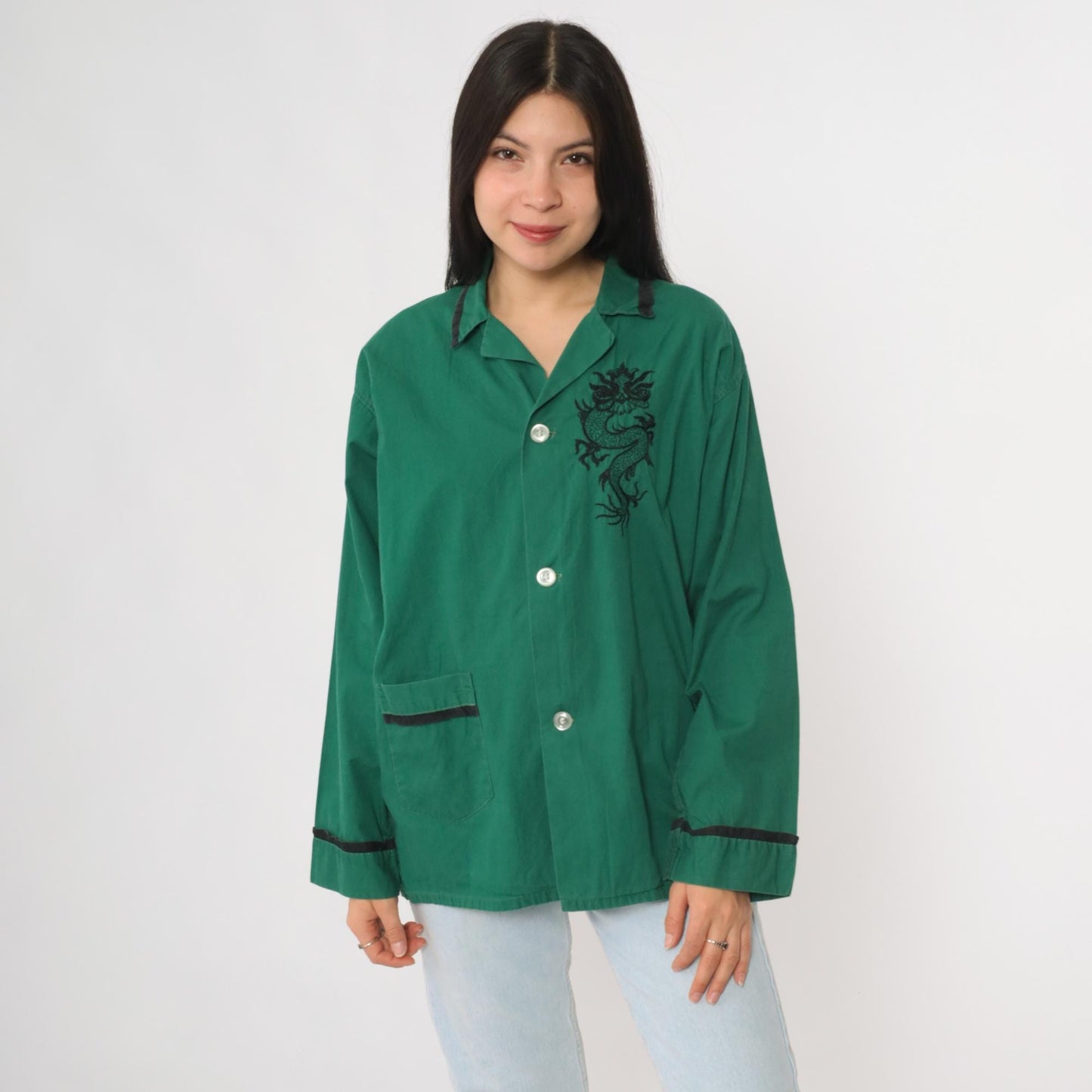 70s Dragon Embroidered Green Cotton Button Up Blouse Black Long Sleeve Large