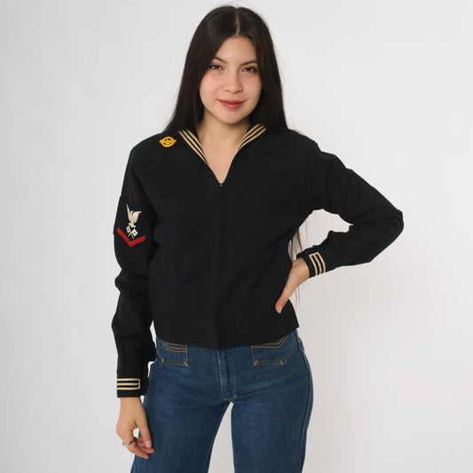 40s Black Sailor Top WW2 Naval Uniform Wool Pullover Eagle Patch XS