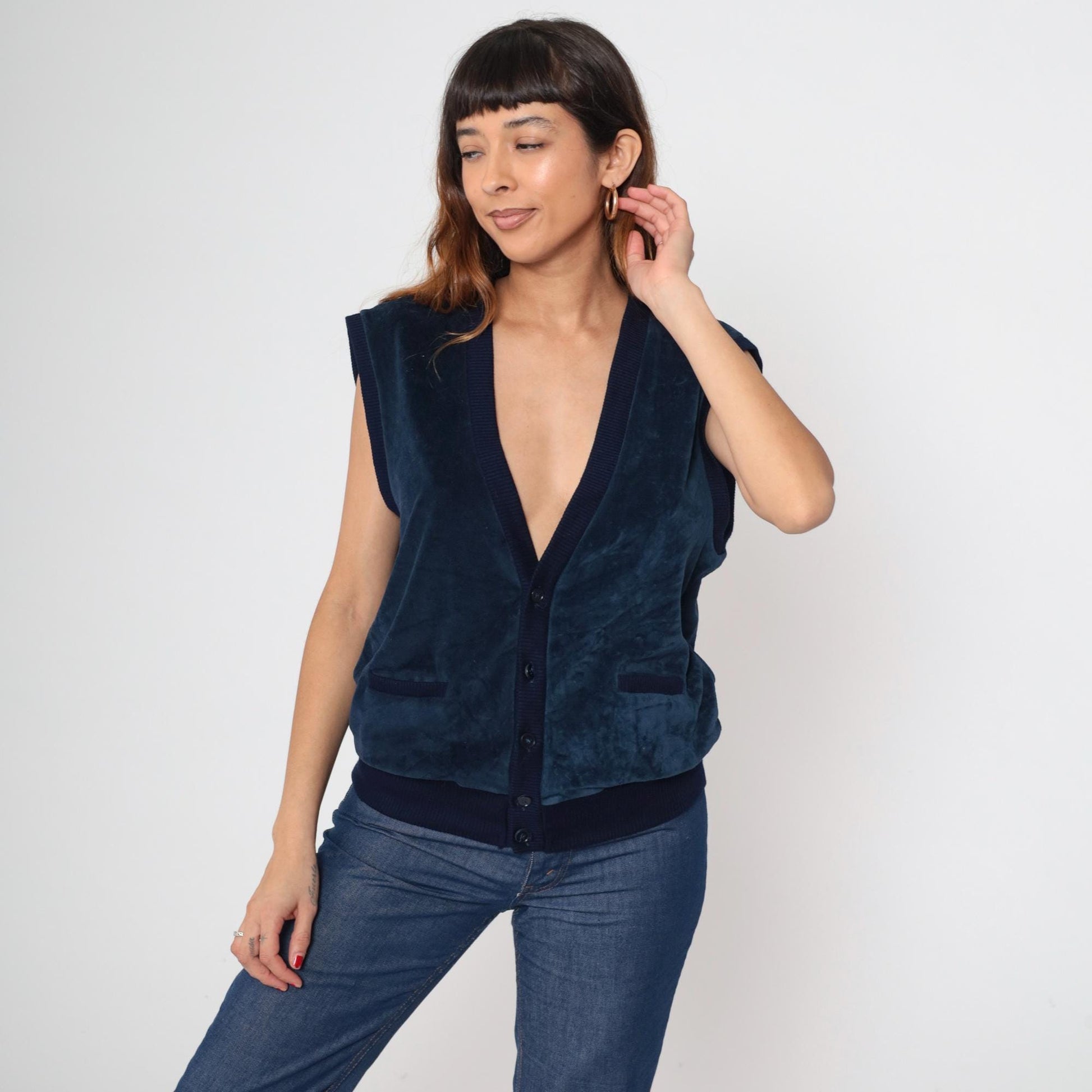 80s Navy Velvet Button Front Vest Deep V-Neck Sleeveless Large L