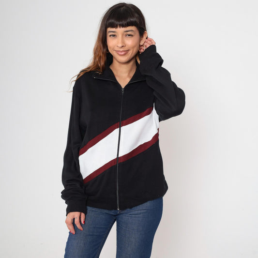 80s Track and Court Jacket Black Red White Color Block Zip Mock Neck Medium