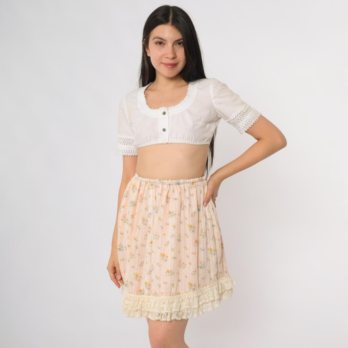 70s Pink Floral Mini Skirt Lace Hem Elastic Waist Extra Small