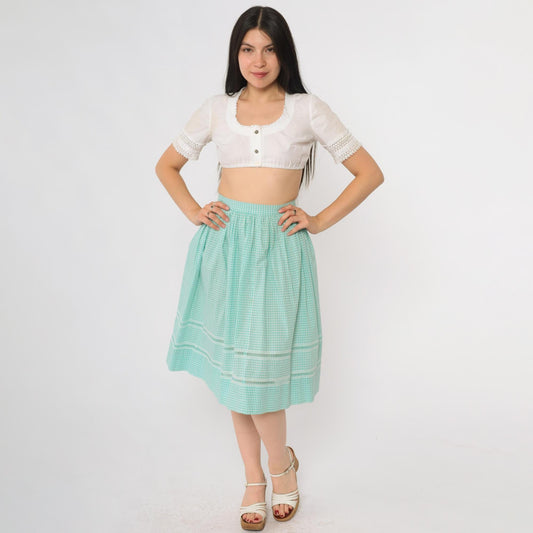 60s Mint Green Gingham A-Line Skirt Crochet Lace High Waist Small