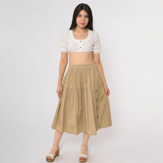 90s On The Verge Prairie Skirt Beige Cotton Midi Tiered Floral Buttons Small
