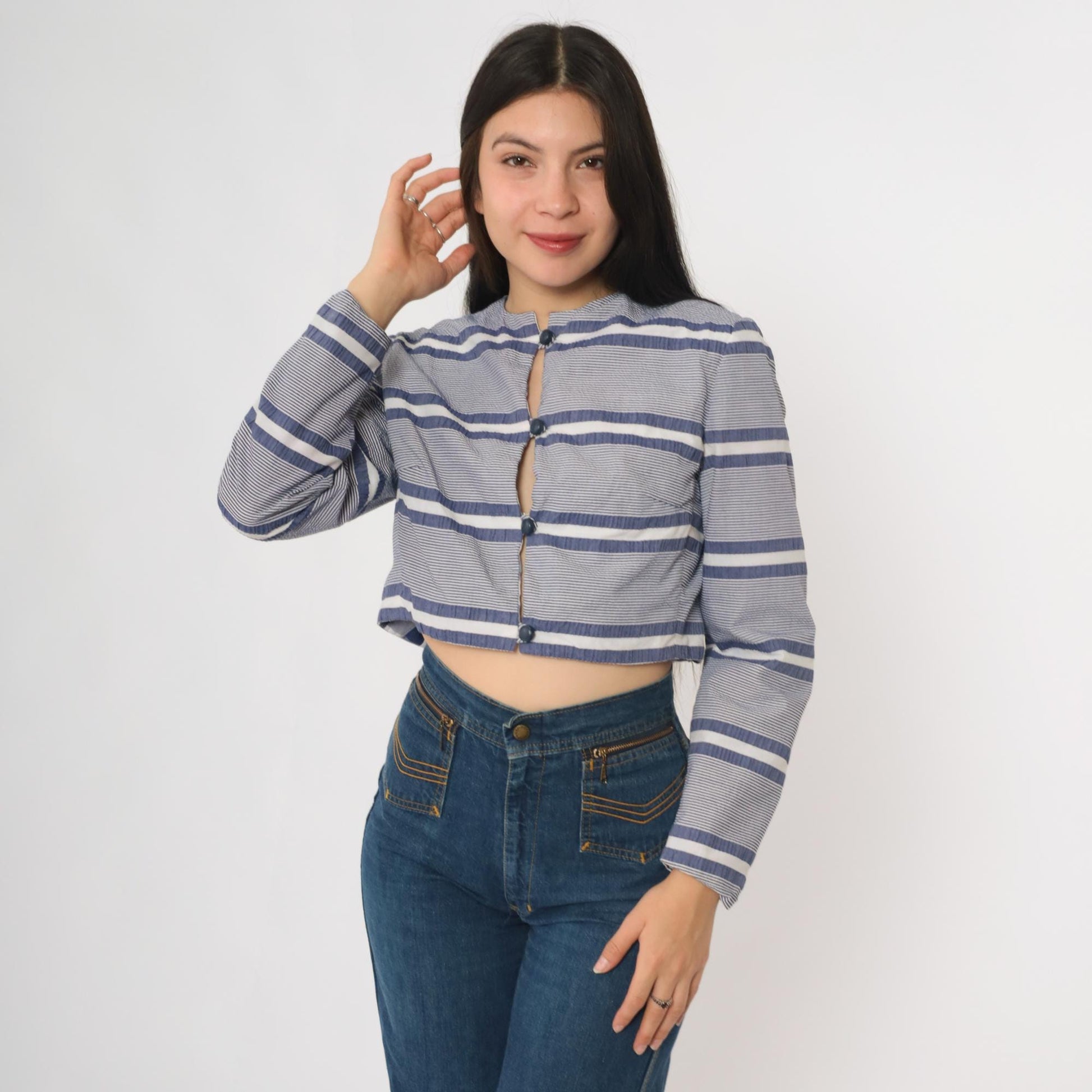 80s Gavi Striped Cropped Jacket Navy White Band Collar Size 10