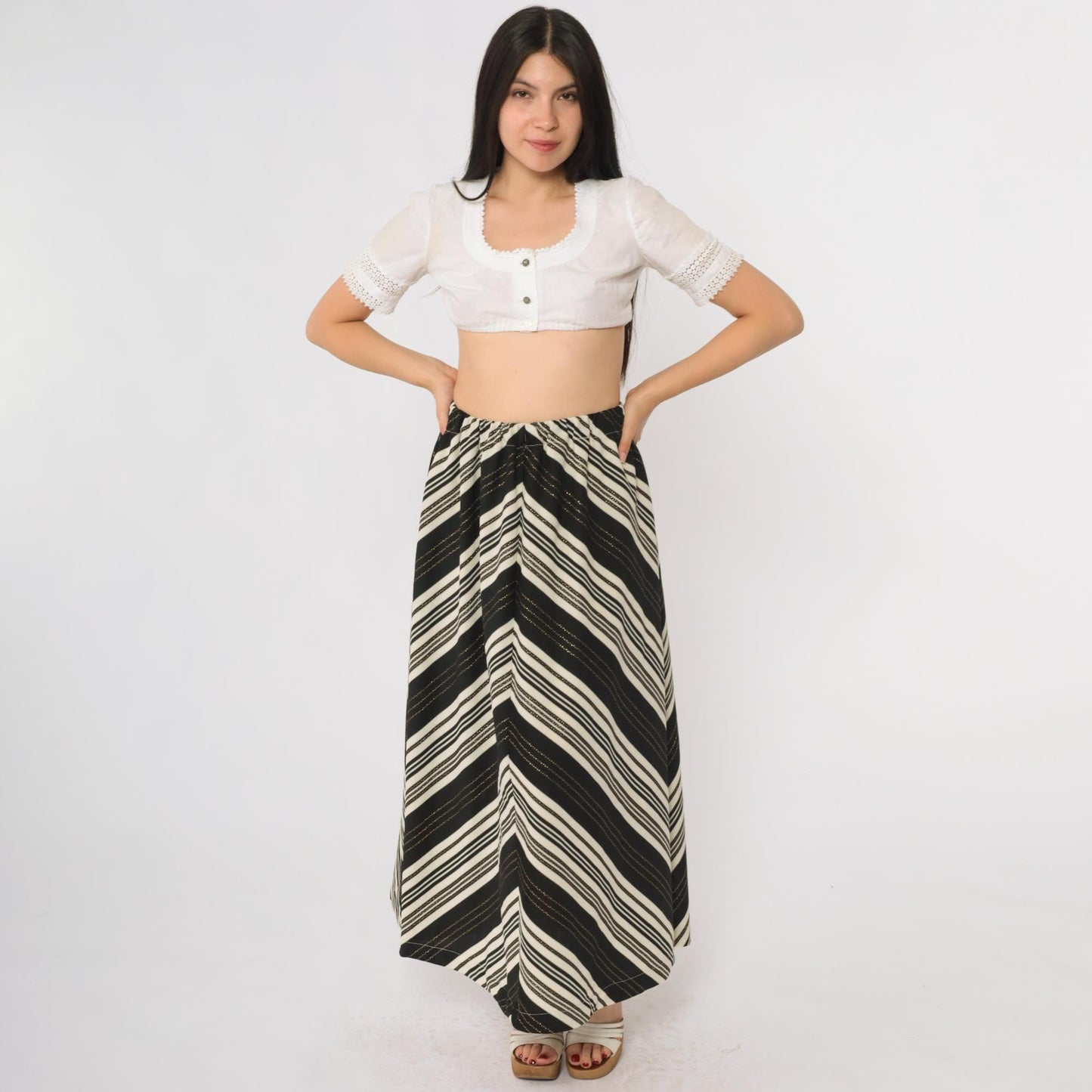 70s Black Cream Chevron Striped Maxi Skirt Gold Metallic High Waist Small