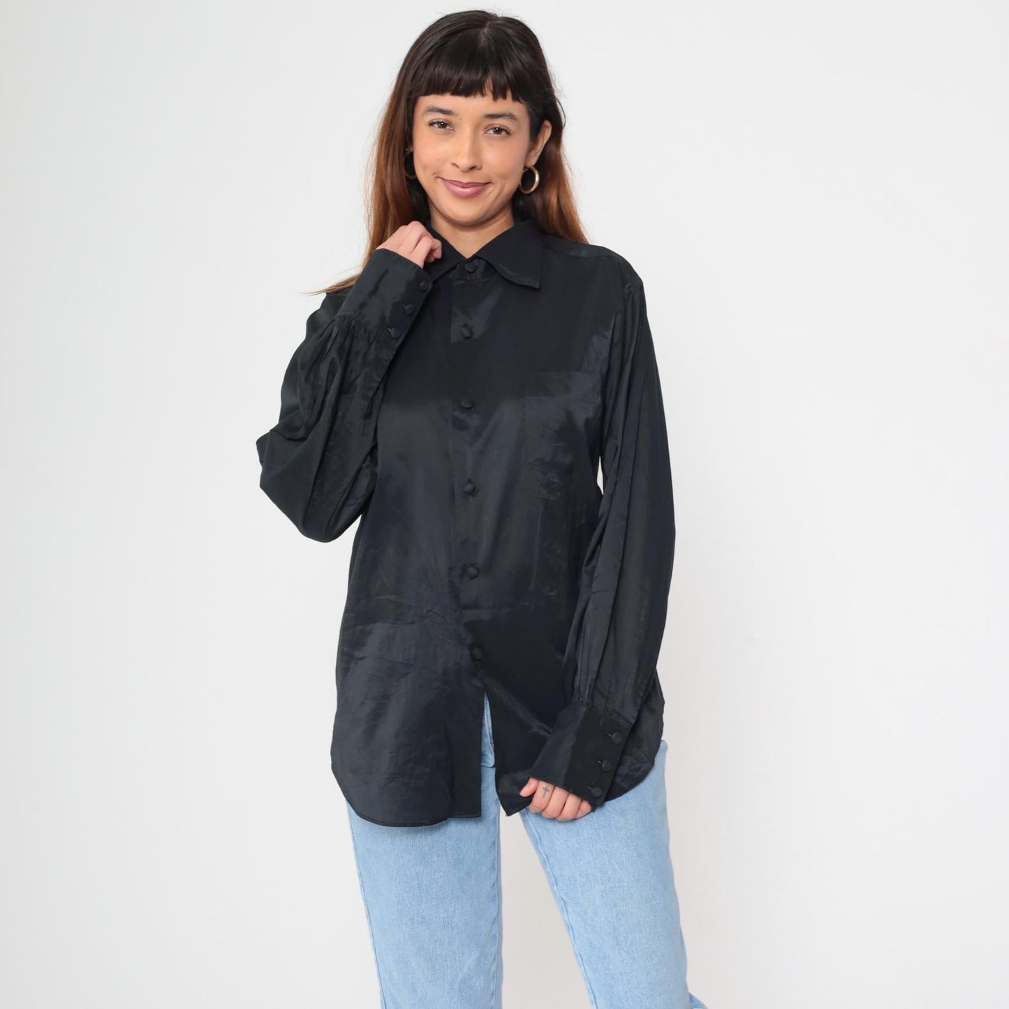 70s Elson Black Button-Up Shirt Pointed Collar Long Sleeve Medium M