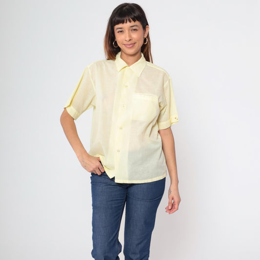 70s Yellow Dagger Collar Button-Up Shirt Short Sleeve Chest Pocket Medium M