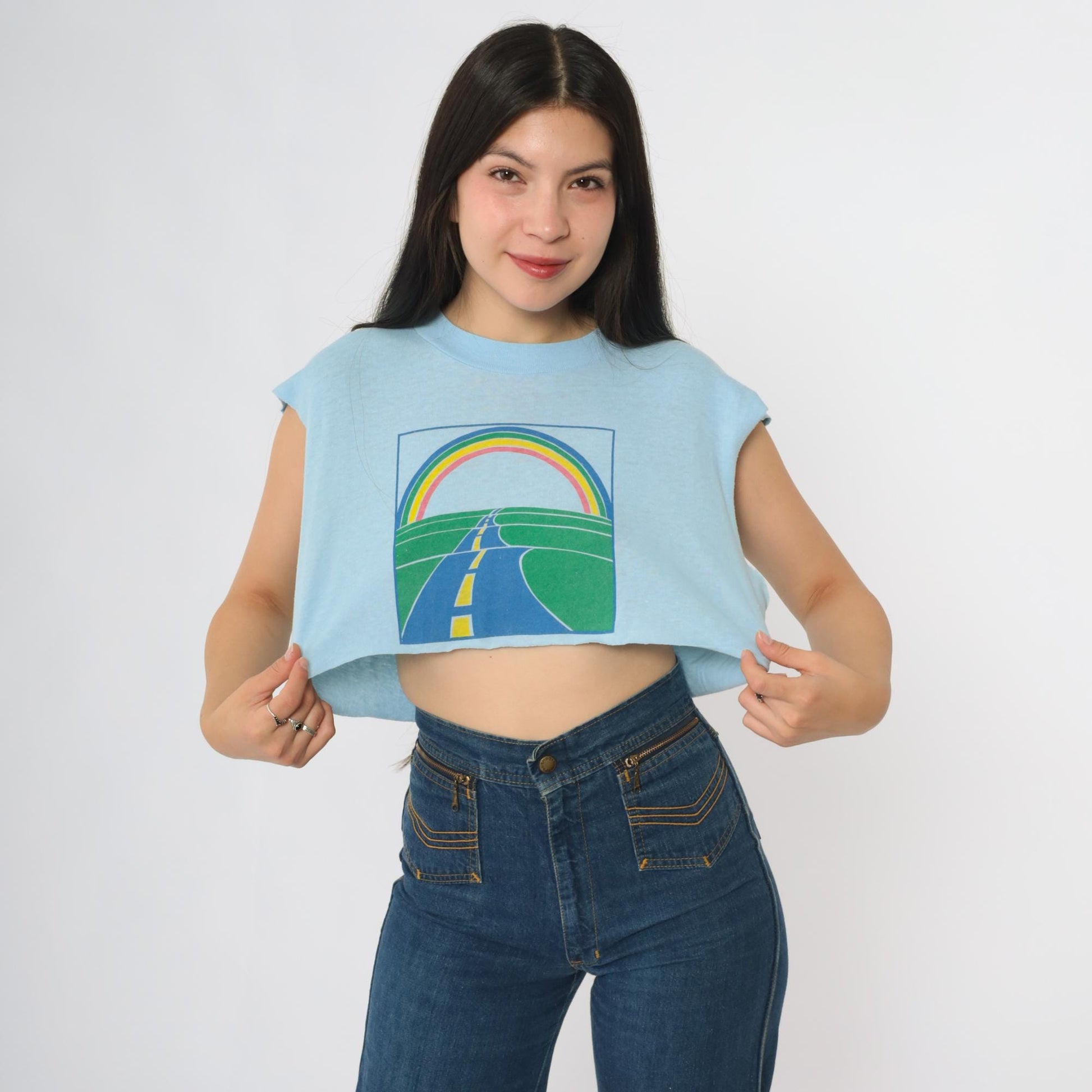 90s Oneita Rainbow Road Crop Top Blue Graphic Sleeveless Tee Large L