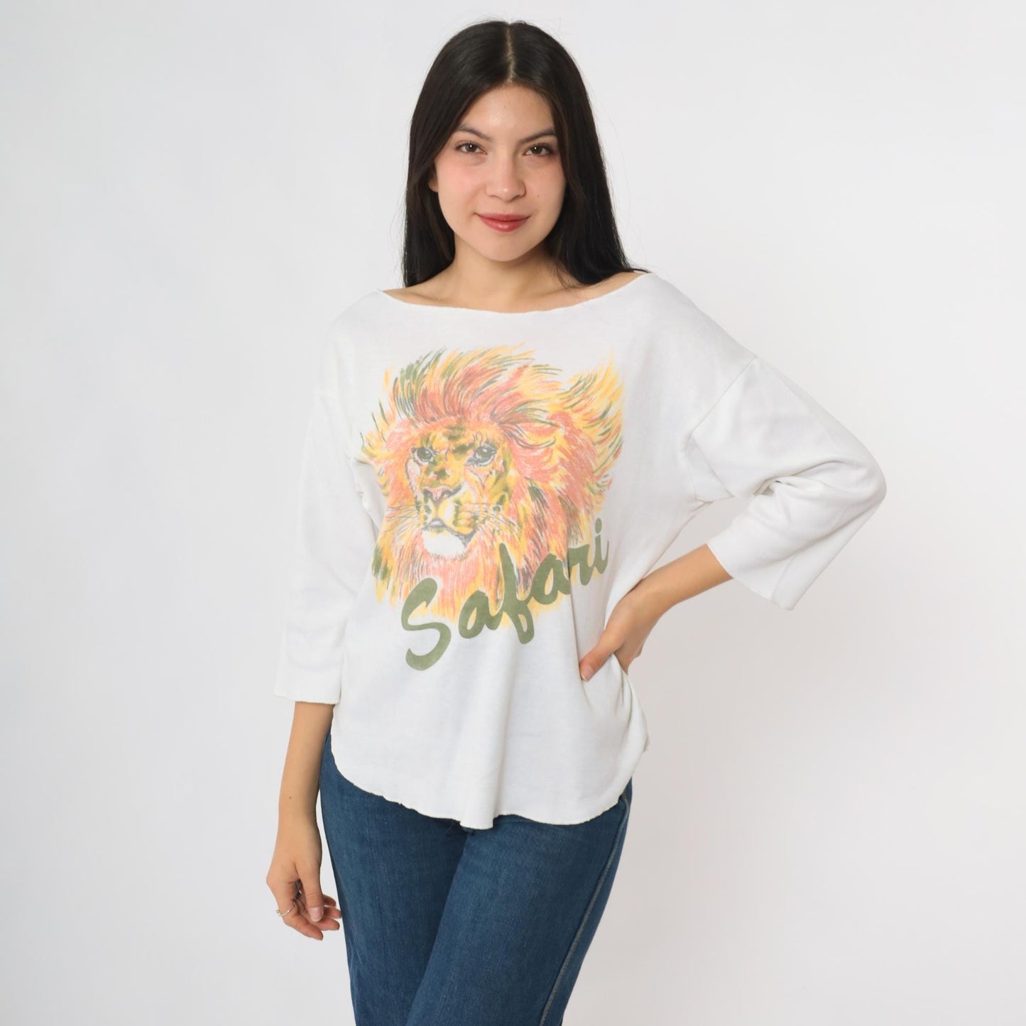 80s Lion Safari Graphic Cotton Pullover Crew Neck Tee Large L