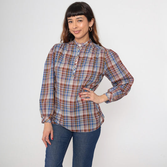 80s Plaid Blouse Mandarin Collar Puff Sleeve Brown Blue Yellow Cotton Medium M
