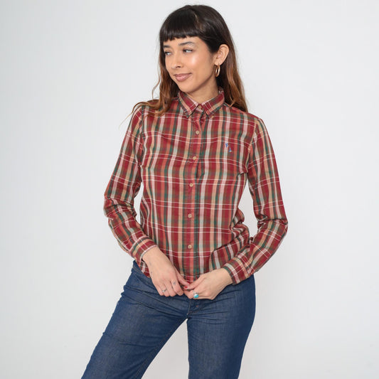 80s Plaid Button Down Shirt Red Green Embroidered Duck Cotton Small