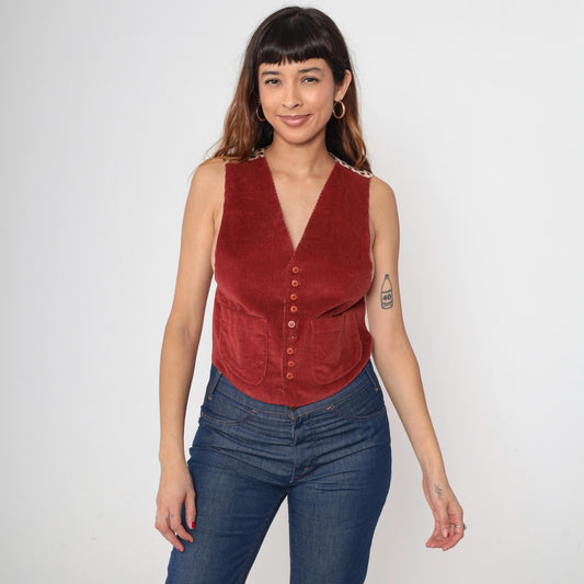 80s Rust Corduroy Vest Paisley Back Deep V-Neck Button Front Medium
