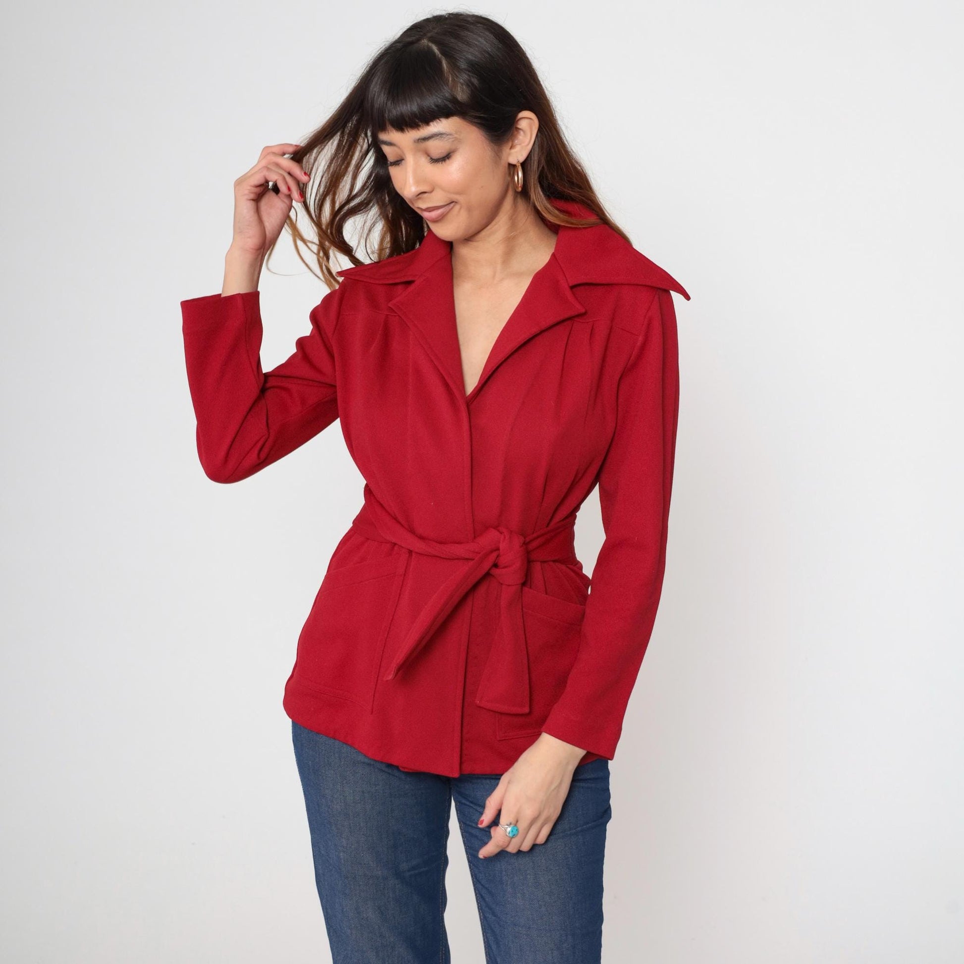 70s Red Wrap Jacket Belted Waist Wide Lapel Deep V Neck Medium