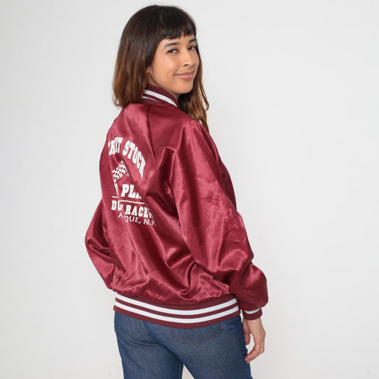 90s Duke City Raceway Maroon Satin Bomber Jacket Embroidered Racing Medium