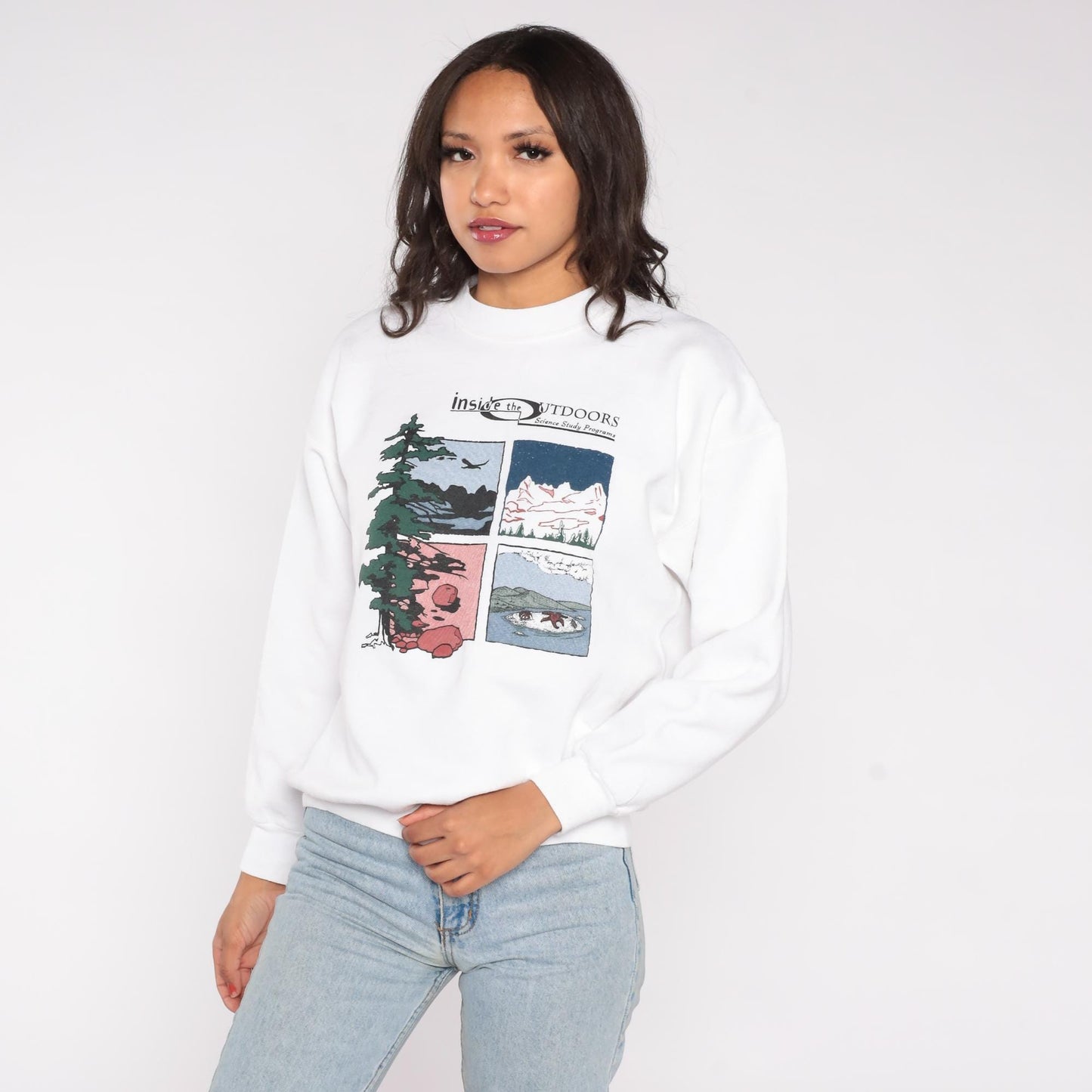 90s Inside The Outdoors Nature Graphic Sweatshirt White Crewneck Large