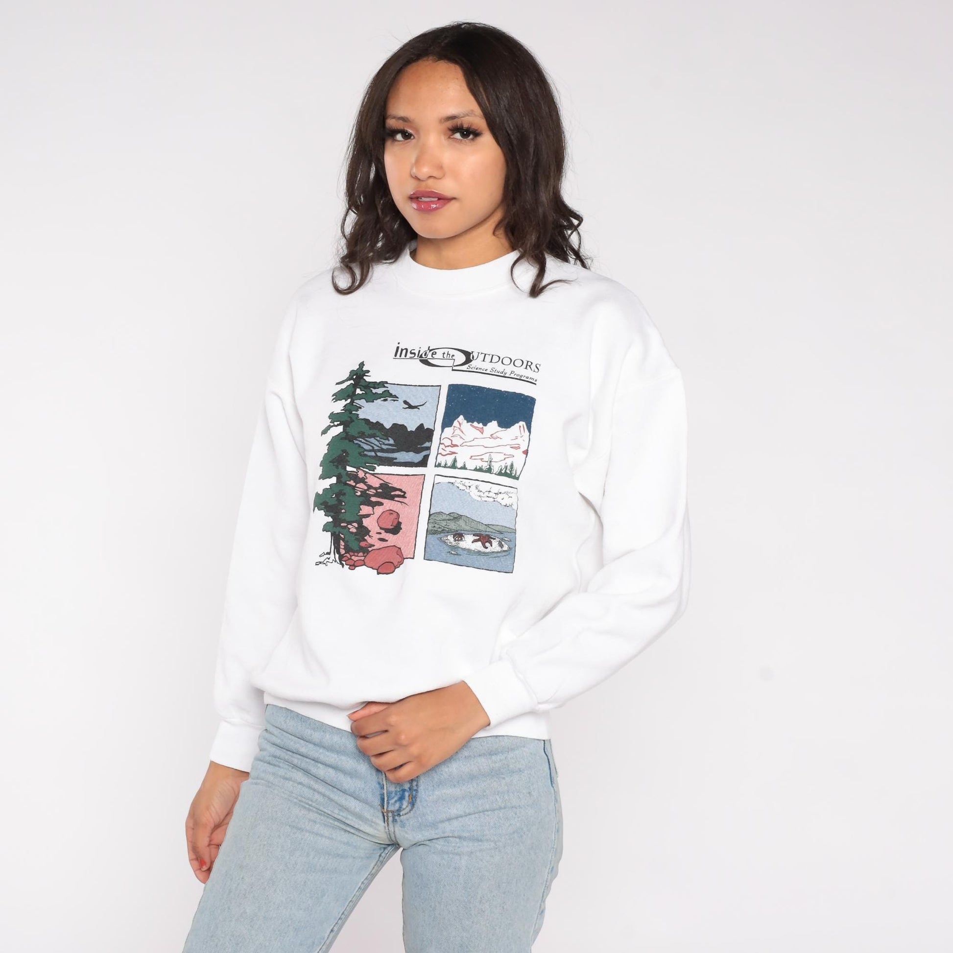 90s Inside The Outdoors Nature Graphic Sweatshirt White Crewneck Large