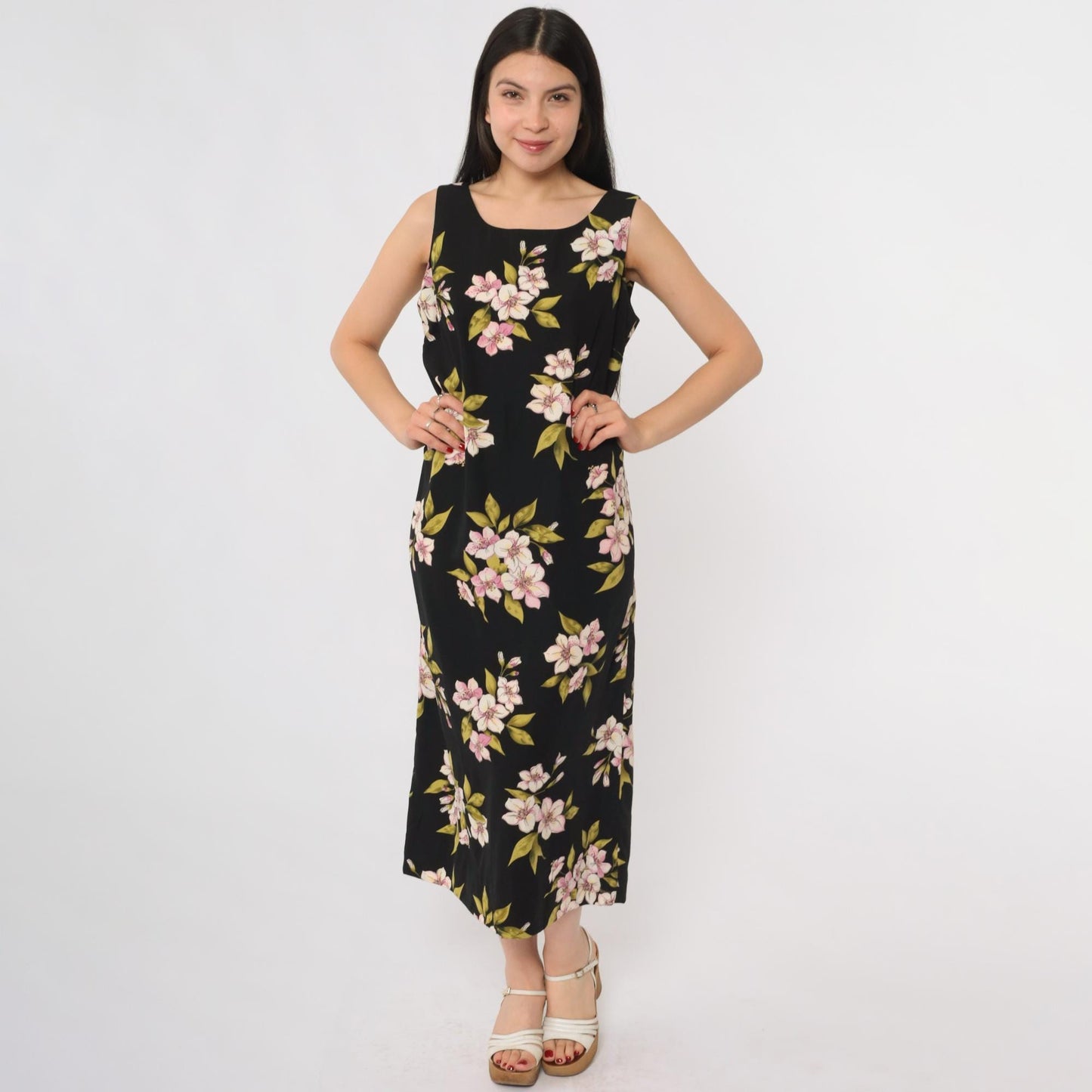 90s Studio 1 Petite Black Floral Midi Dress Lily Print Sleeveless Size 8P