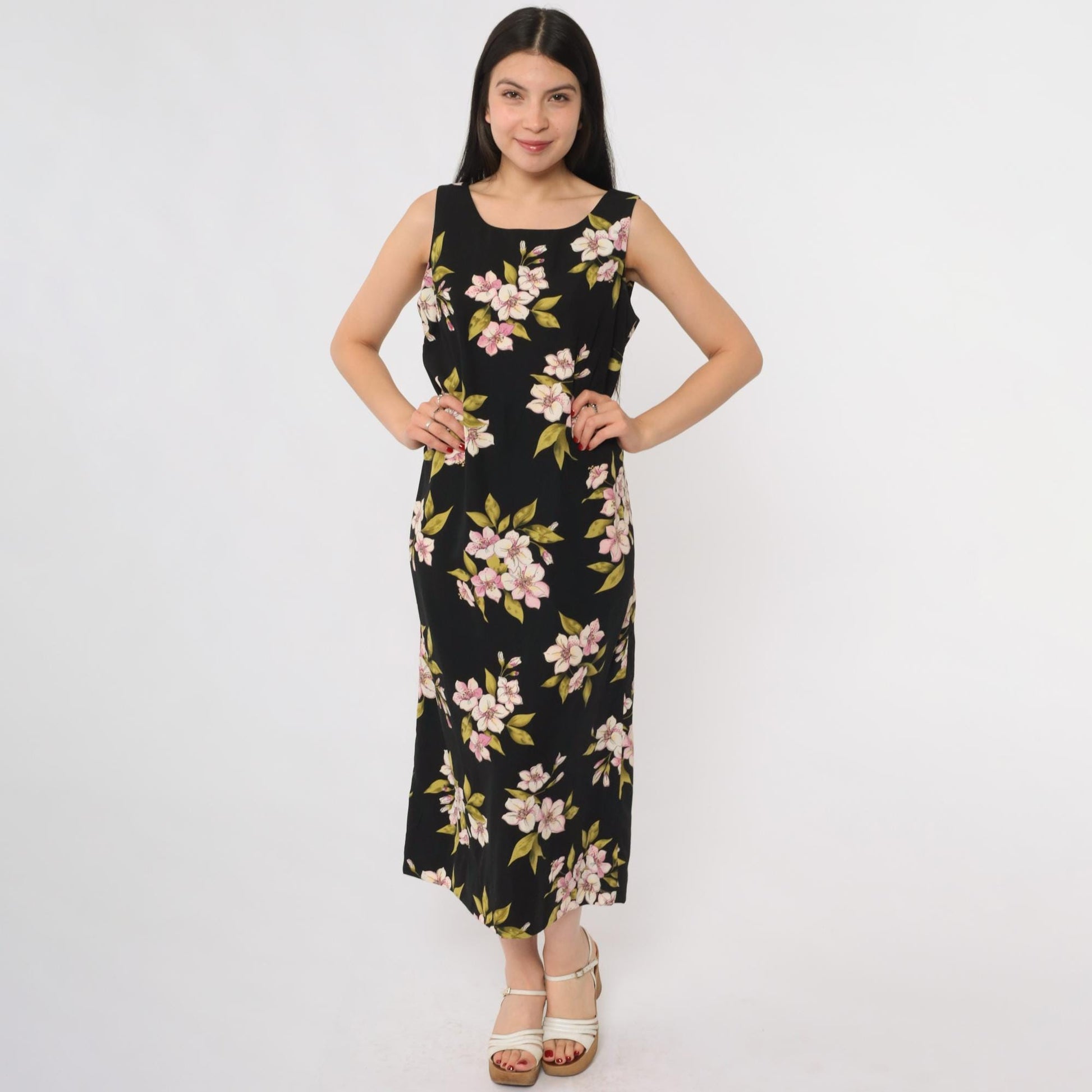 90s Studio 1 Petite Black Floral Midi Dress Lily Print Sleeveless Size 8P