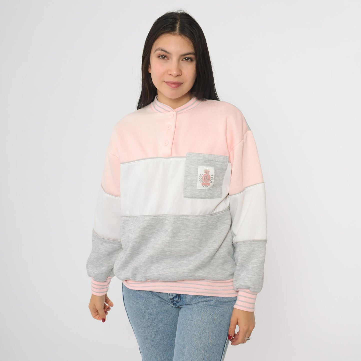 90s Gitano Colorblock Sweatshirt Pink White Grey Henley Collar Medium M