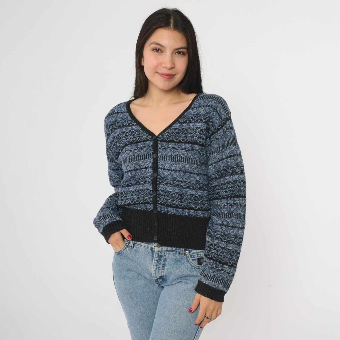 90s Lizwear Petite Blue Black Striped Cardigan V Neck Cotton Knit Small