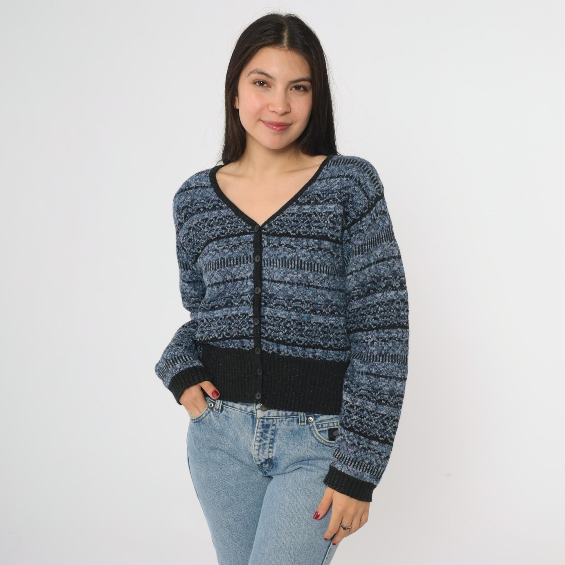 90s Lizwear Petite Blue Black Striped Cardigan V Neck Cotton Knit Small
