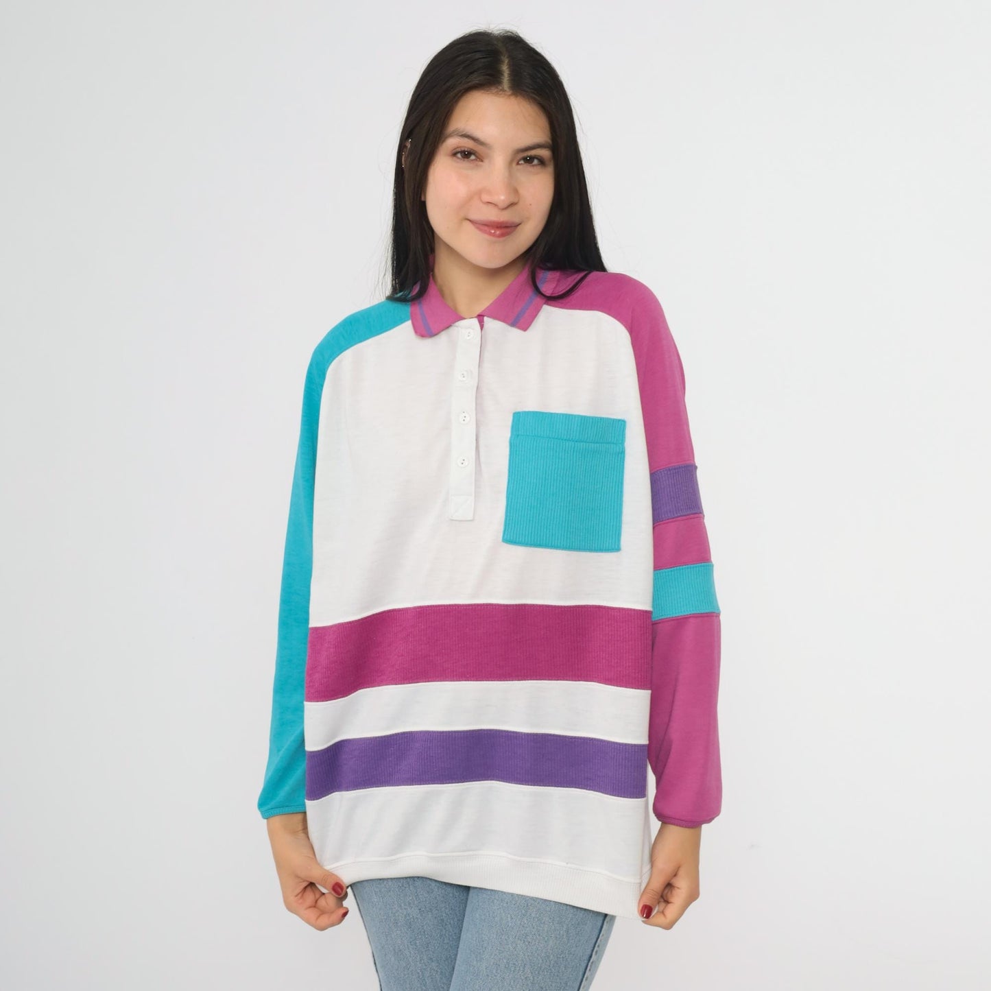 80s Colorblock Polo Shirt Pink Purple Turquoise Geometric Wave Raglan Large
