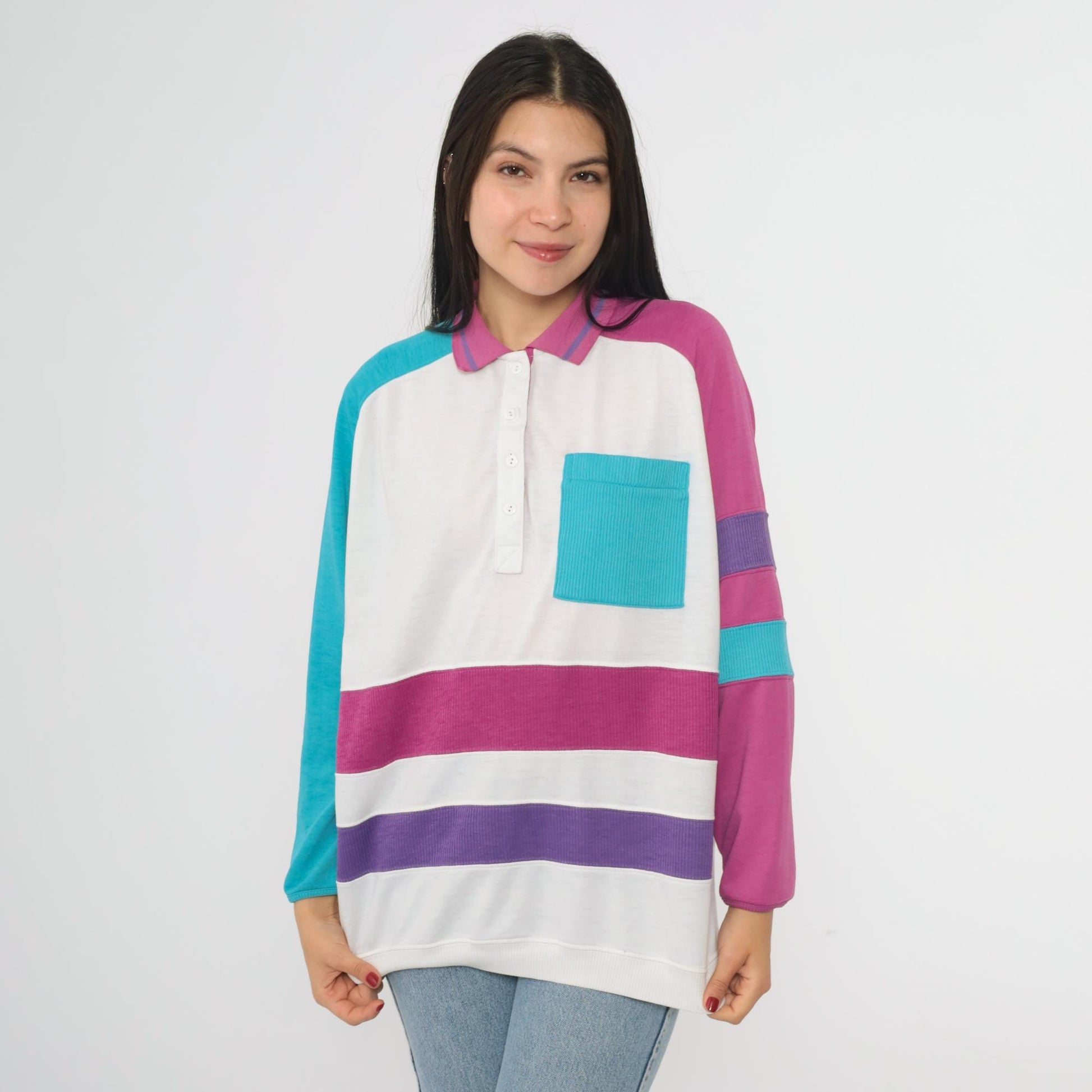 80s Colorblock Polo Shirt Pink Purple Turquoise Geometric Wave Raglan Large